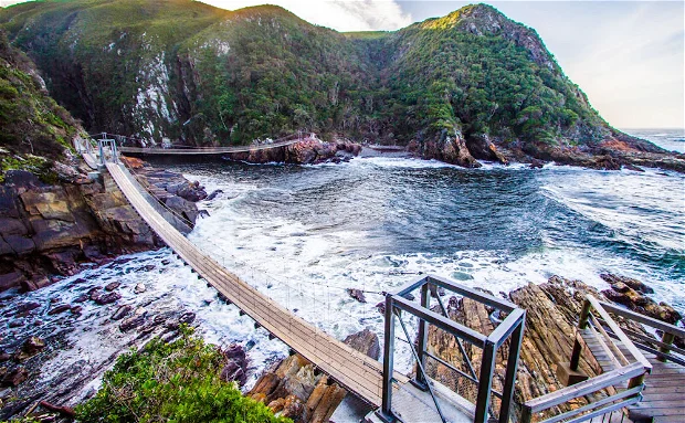 Suspension bridge crossing a rocky coastal inlet at Tsitsikamma